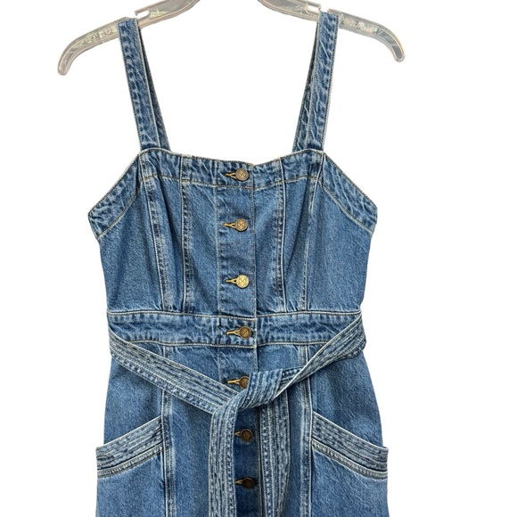 Kivari Denim Midi Dress US 6 Button Front Belted Pocket Pinafore Blue - Picture 2 of 7
